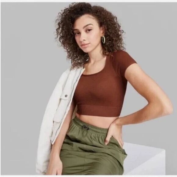 Wild Fable Womens Brown Ribbed Square Neck Stretch Crop Top Small Tee Shirt - Picture 1 of 6